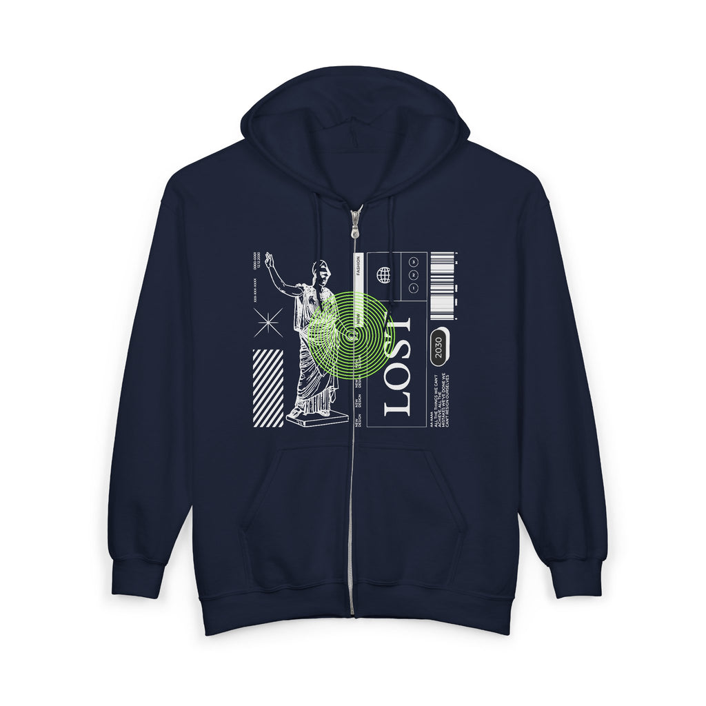 Lost Voyager Zip Hoodie — Retro Sci‑Fi Statue Graphic