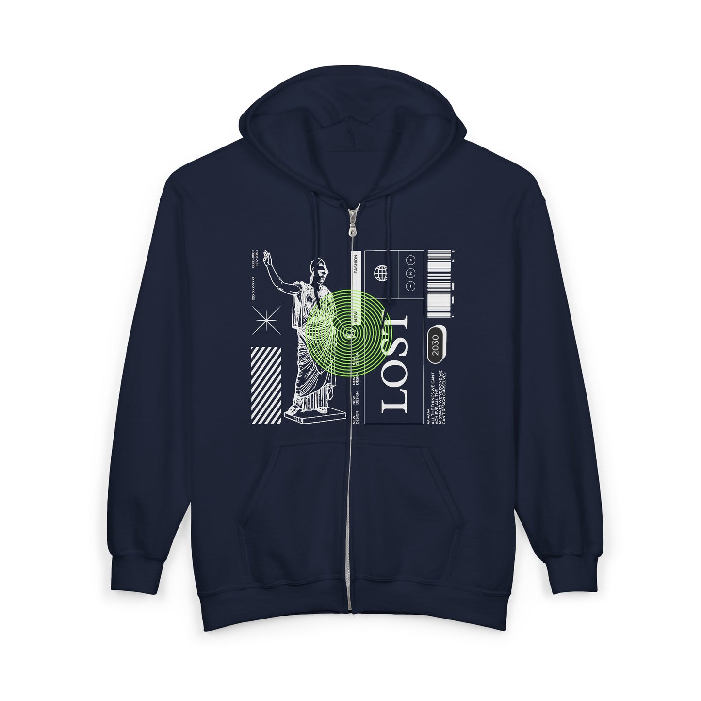 Lost Voyager Zip Hoodie — Retro Sci‑Fi Statue Graphic