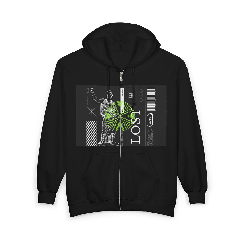 Lost Voyager Zip Hoodie — Retro Sci‑Fi Statue Graphic