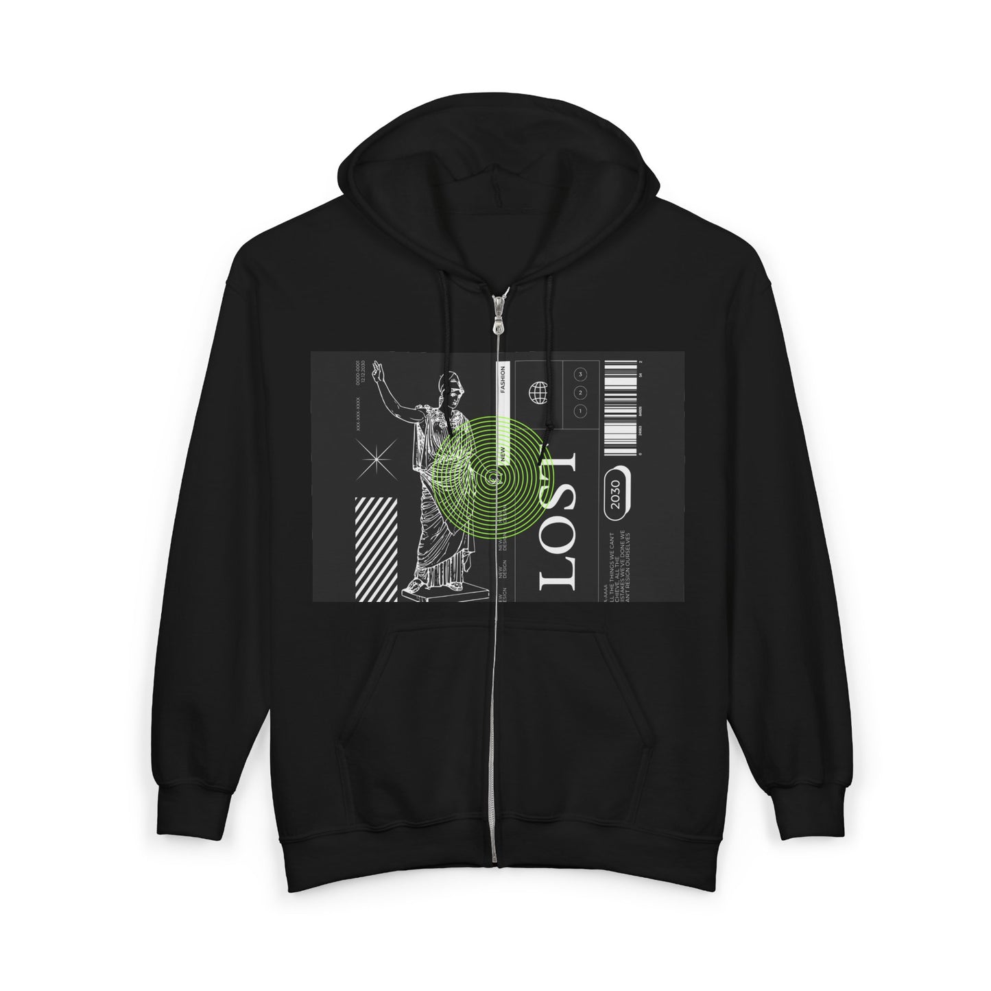 Lost Voyager Zip Hoodie — Retro Sci‑Fi Statue Graphic