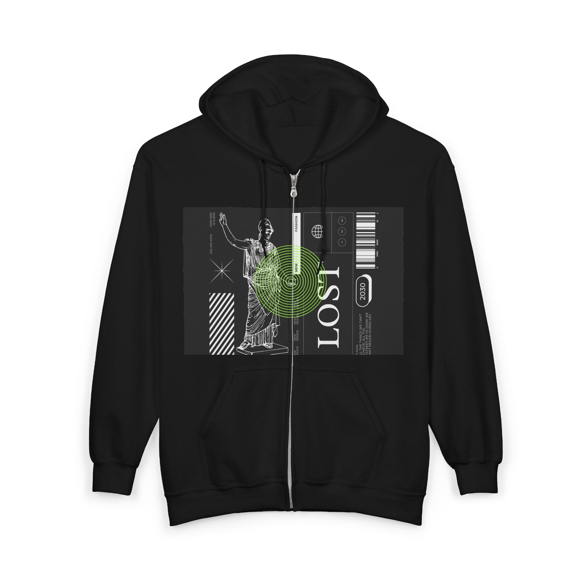 Lost Voyager Zip Hoodie — Retro Sci‑Fi Statue Graphic