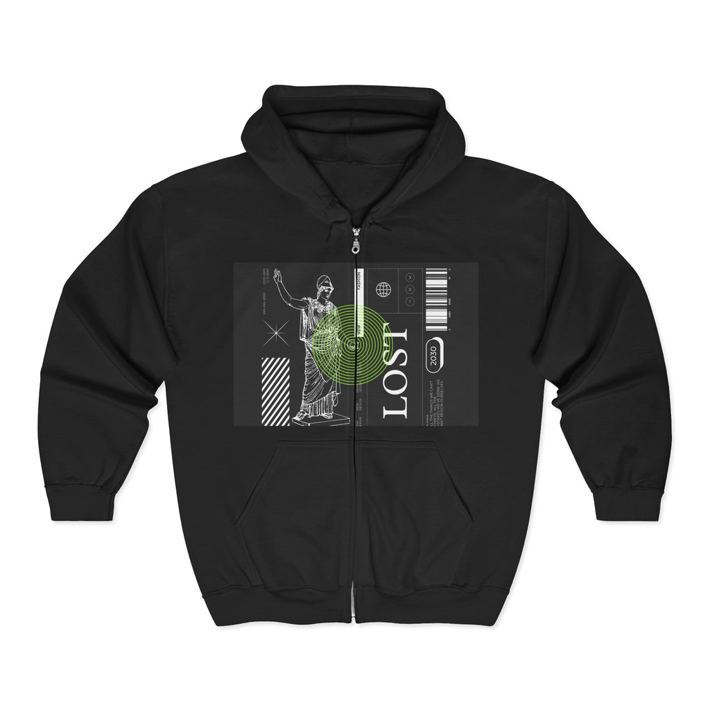 Lost Voyager Zip Hoodie — Retro Sci‑Fi Statue Graphic