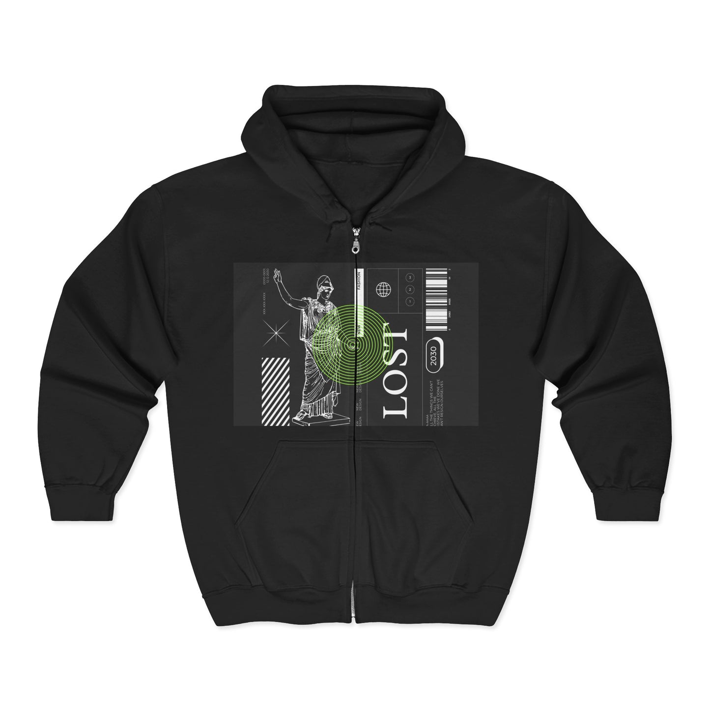 Lost Voyager Zip Hoodie — Retro Sci‑Fi Statue Graphic