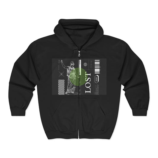 Lost Voyager Zip Hoodie — Retro Sci‑Fi Statue Graphic