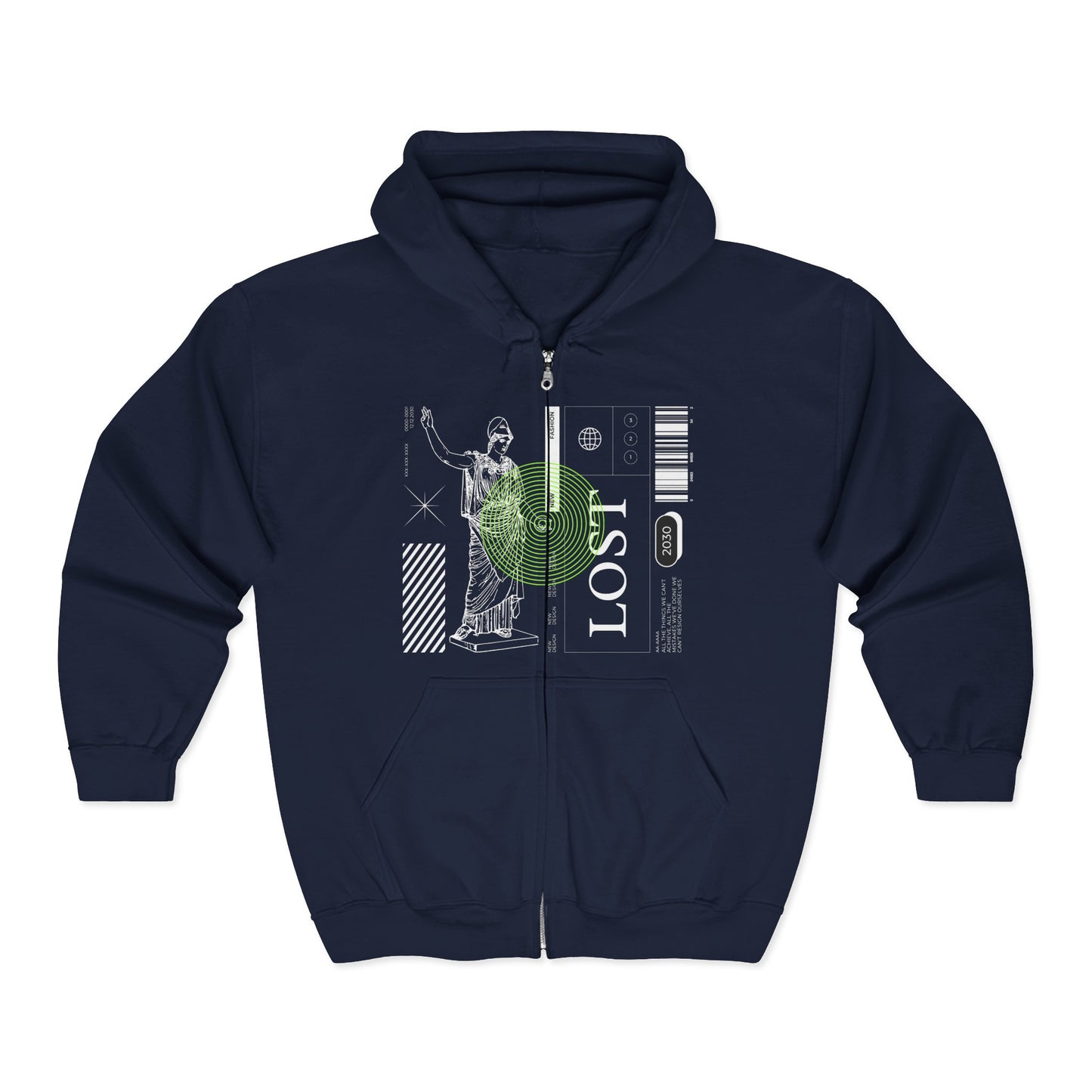 Lost Voyager Zip Hoodie — Retro Sci‑Fi Statue Graphic