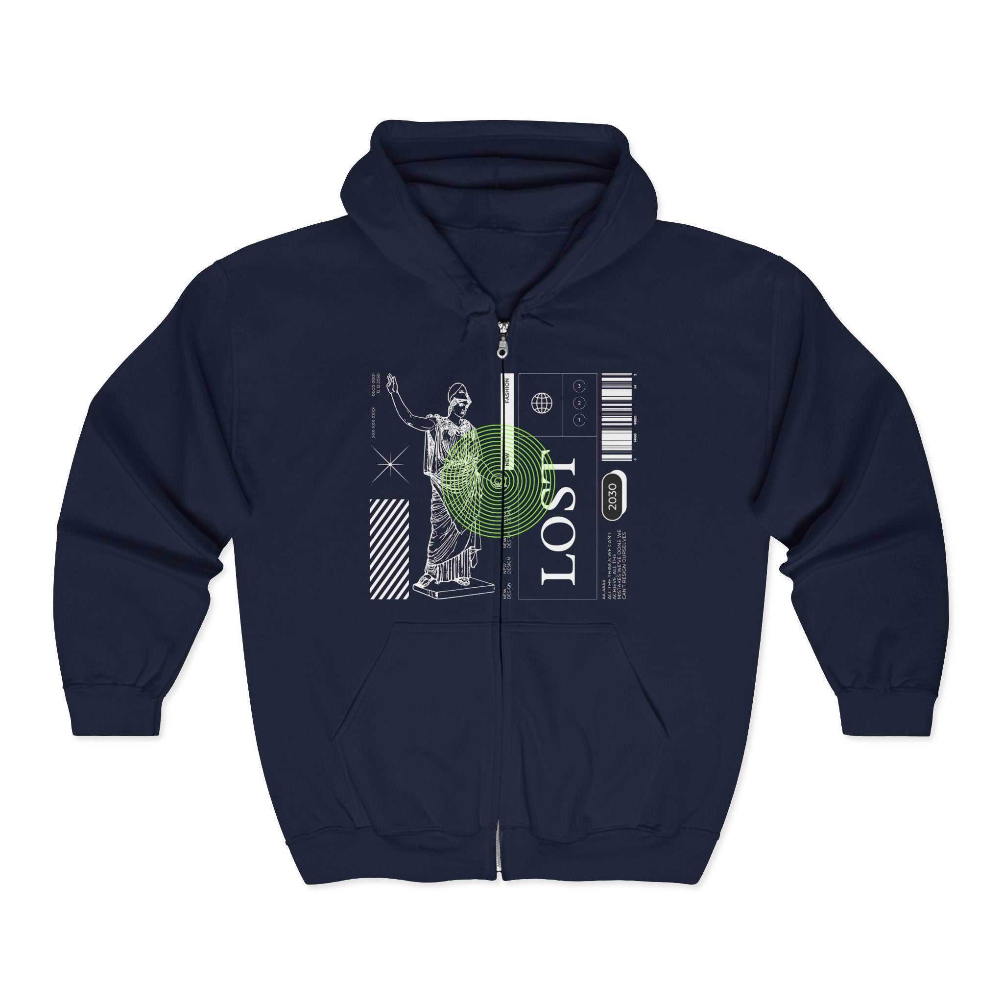 Lost Voyager Zip Hoodie — Retro Sci‑Fi Statue Graphic