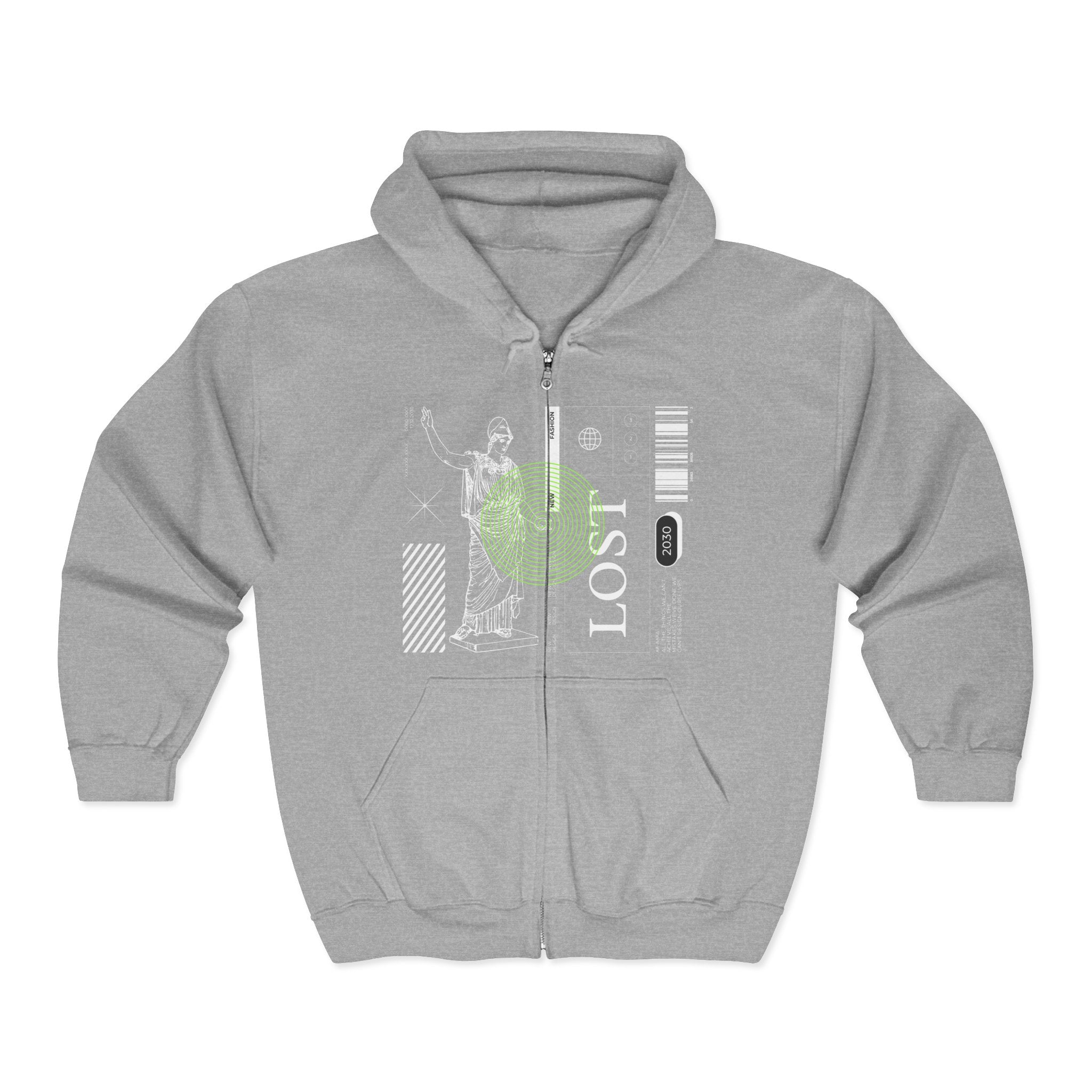 Lost Voyager Zip Hoodie — Retro Sci‑Fi Statue Graphic