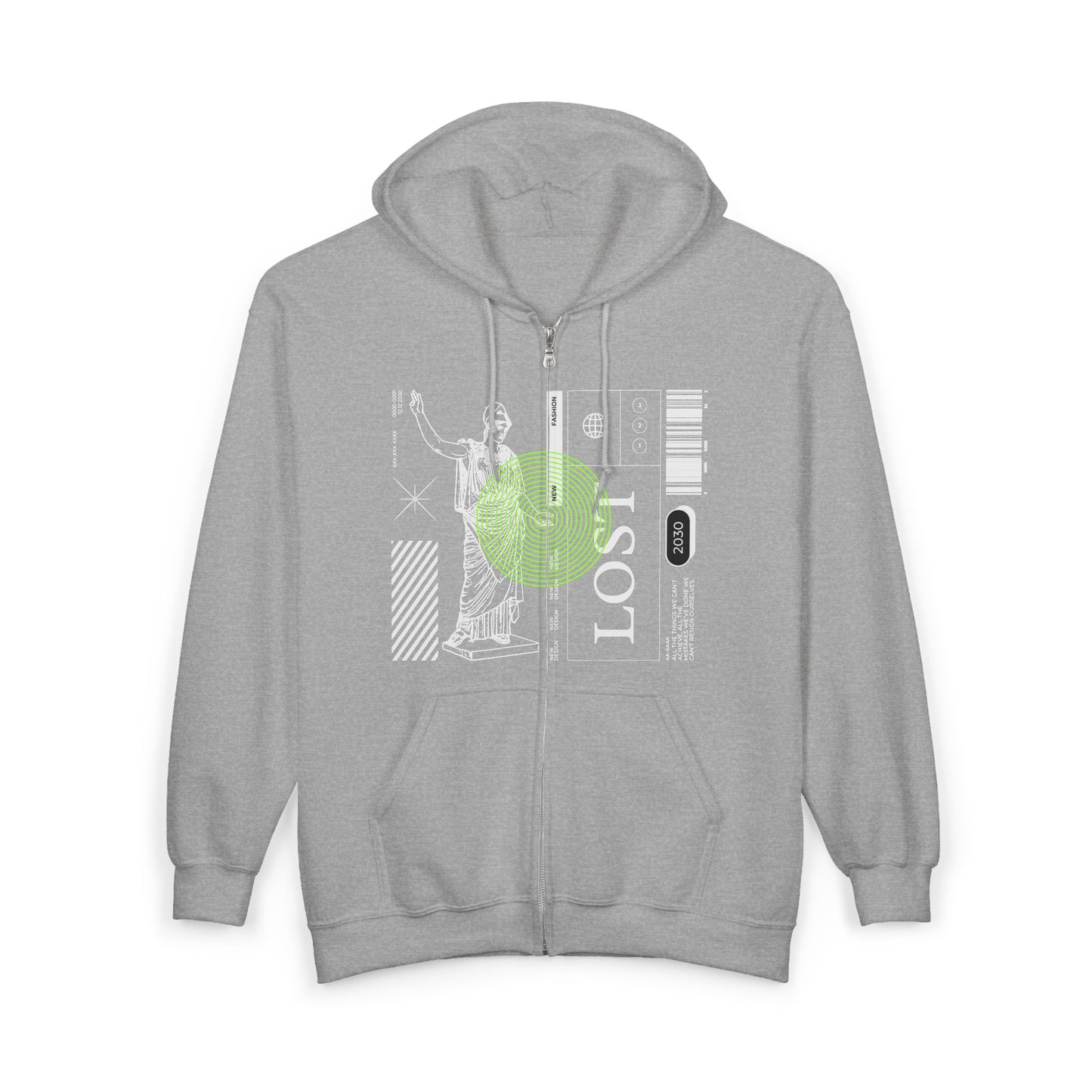 Lost Voyager Zip Hoodie — Retro Sci‑Fi Statue Graphic