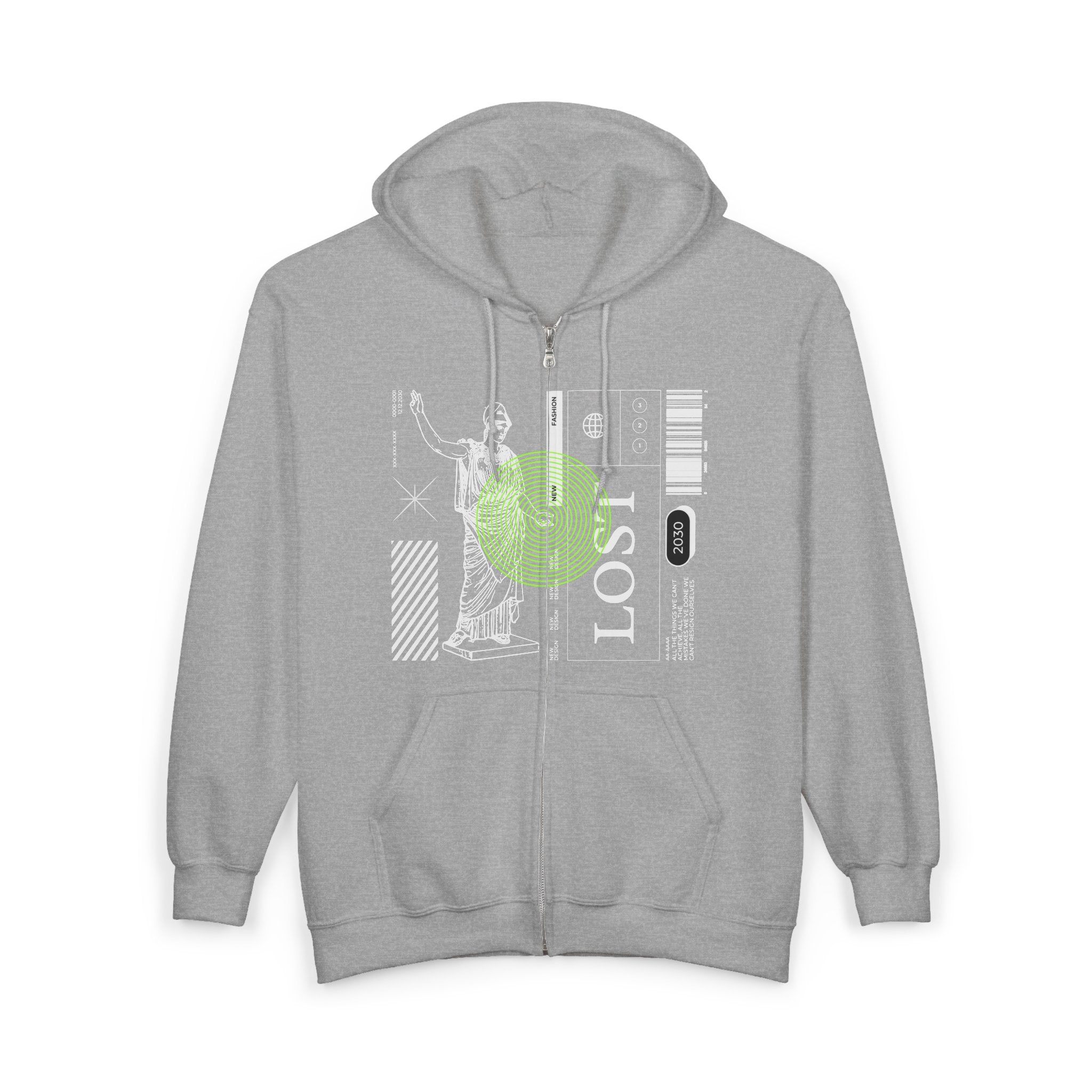 Lost Voyager Zip Hoodie — Retro Sci‑Fi Statue Graphic